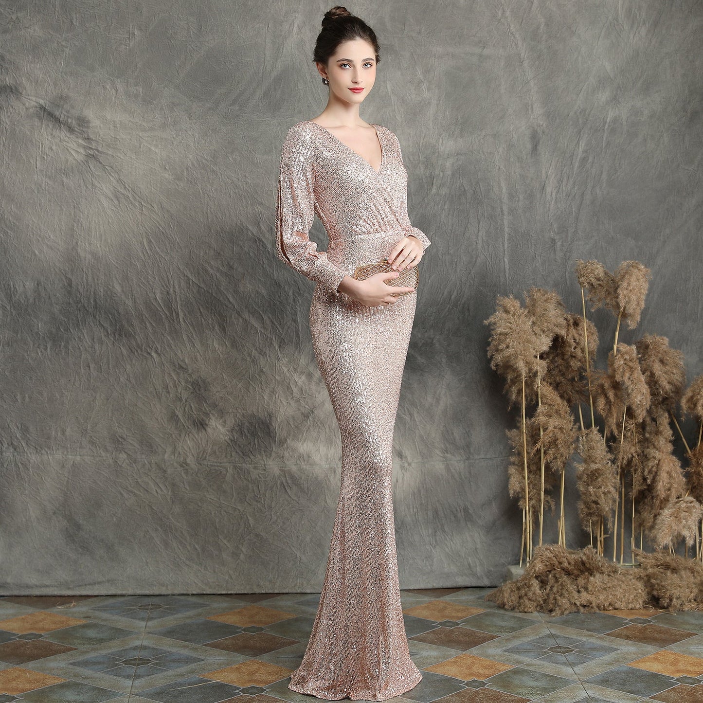 Sleeve Sequin Formal Dress