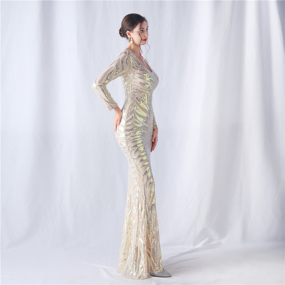 長袖ビーズフォーマルドレス