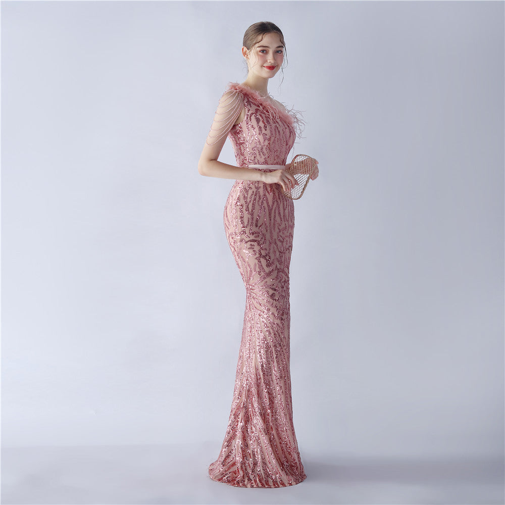 Fur Slant Neck One Shoulder Formal Dress