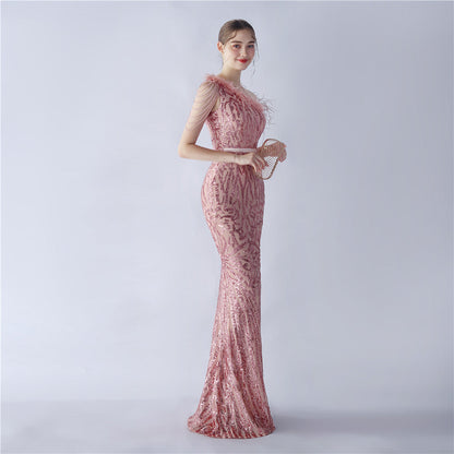 Fur Slant Neck One Shoulder Formal Dress