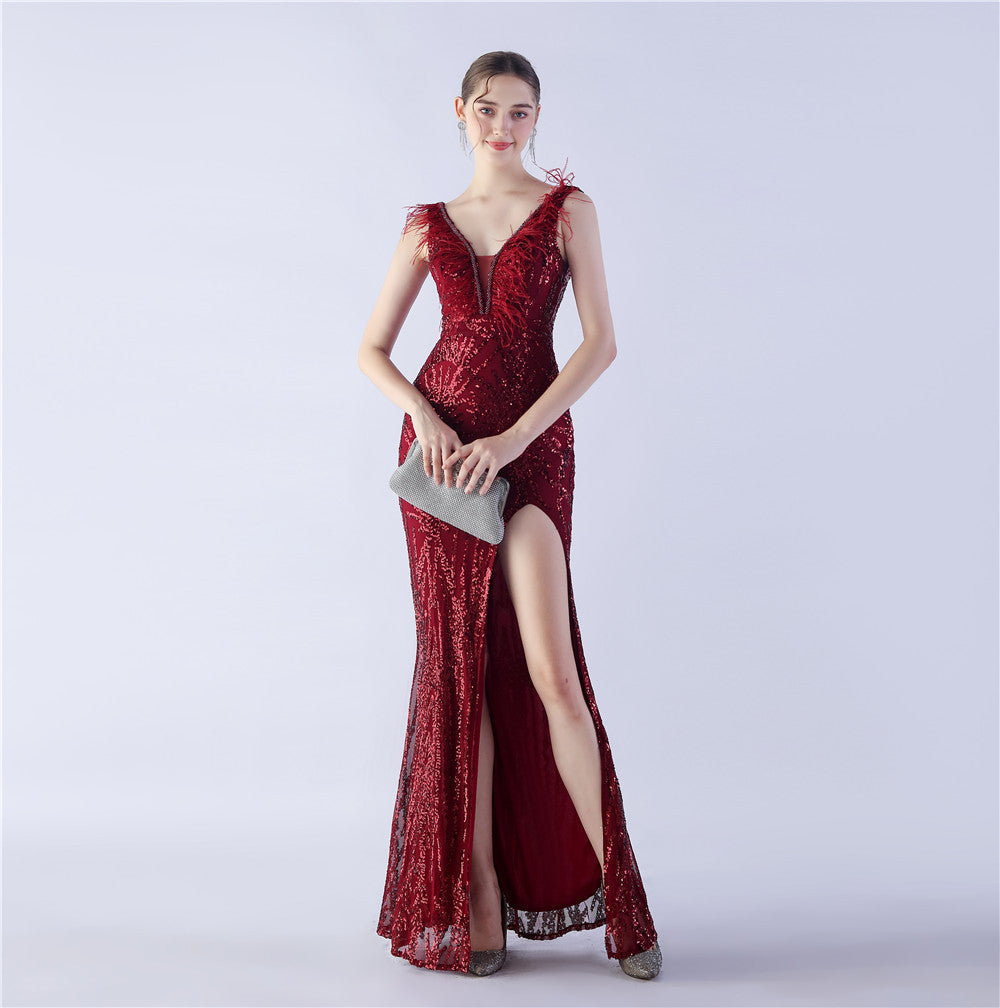 Camel Hair Side Split Formal Dress