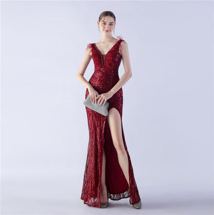 Camel Hair Side Split Formal Dress