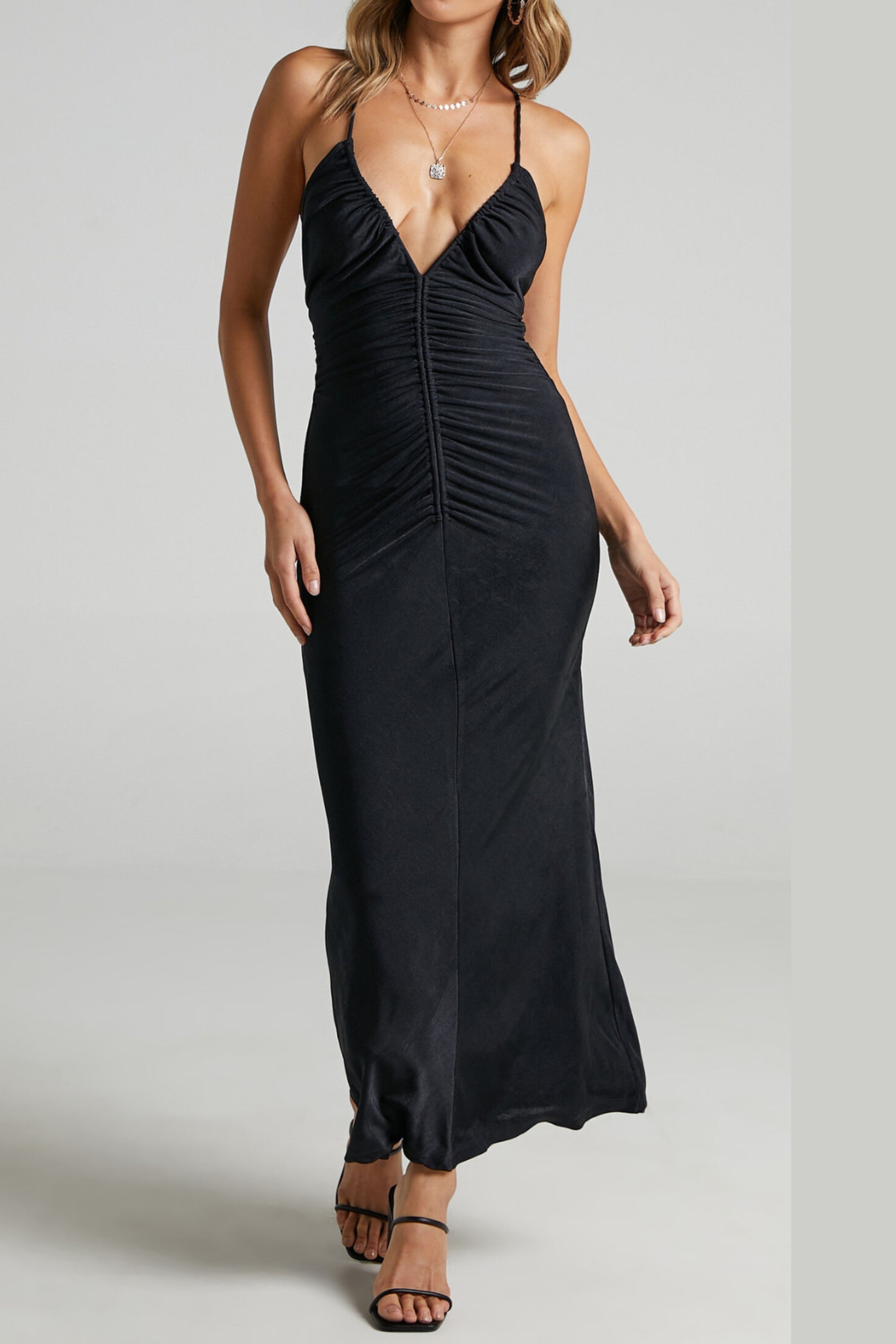 v-neckline pleated bodycon maxi dress in black