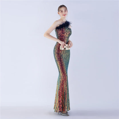 Ostrich Fur One-Shoulder Slant Neck Beaded Maxi Formal Dress
