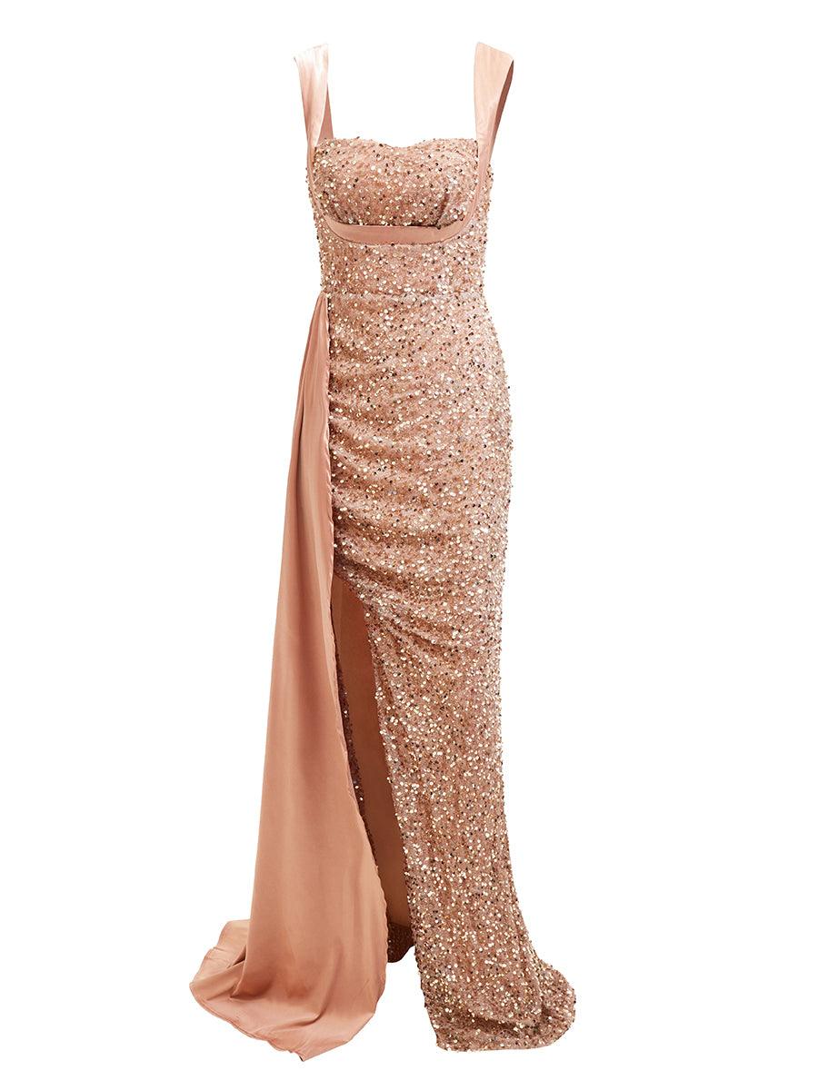 Ribbon Corset Sequin Maxi Prom Dress
