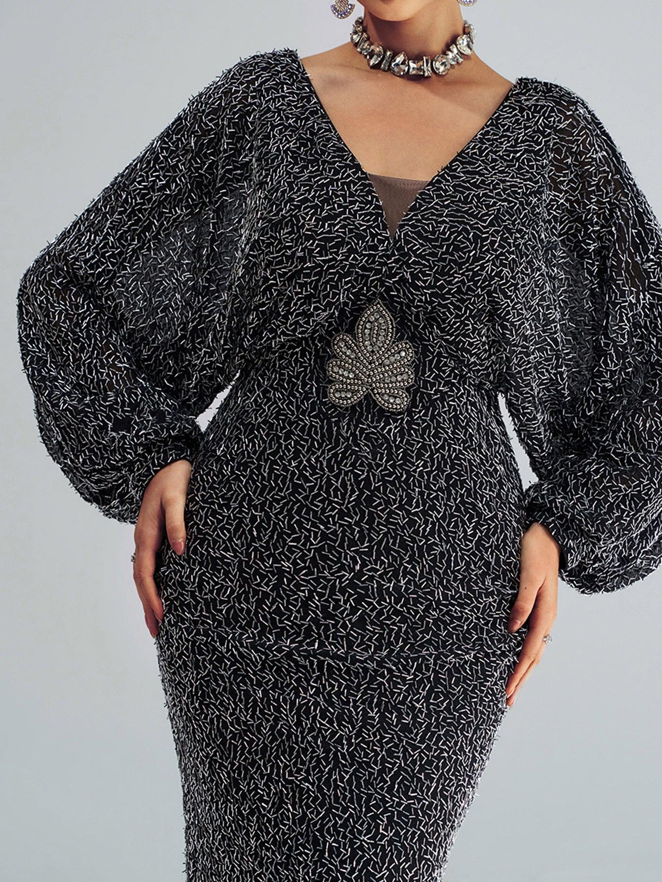 V-Neck Backless Split Sequin Maxi Dress