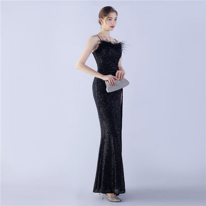 Ostrich Beaded Side Split Formal Dress