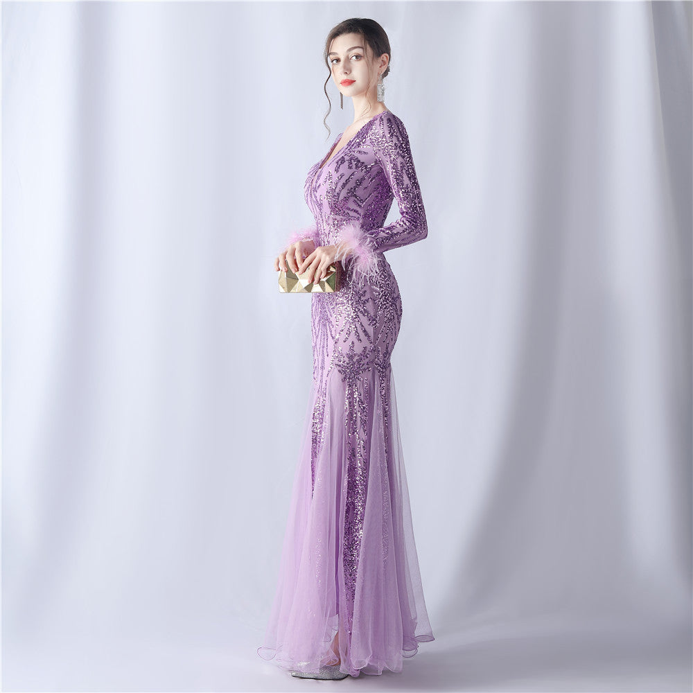 Ostrich Fur Mesh Beaded Formal Dresses