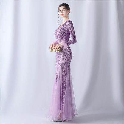 Ostrich Fur Mesh Beaded Formal Dresses