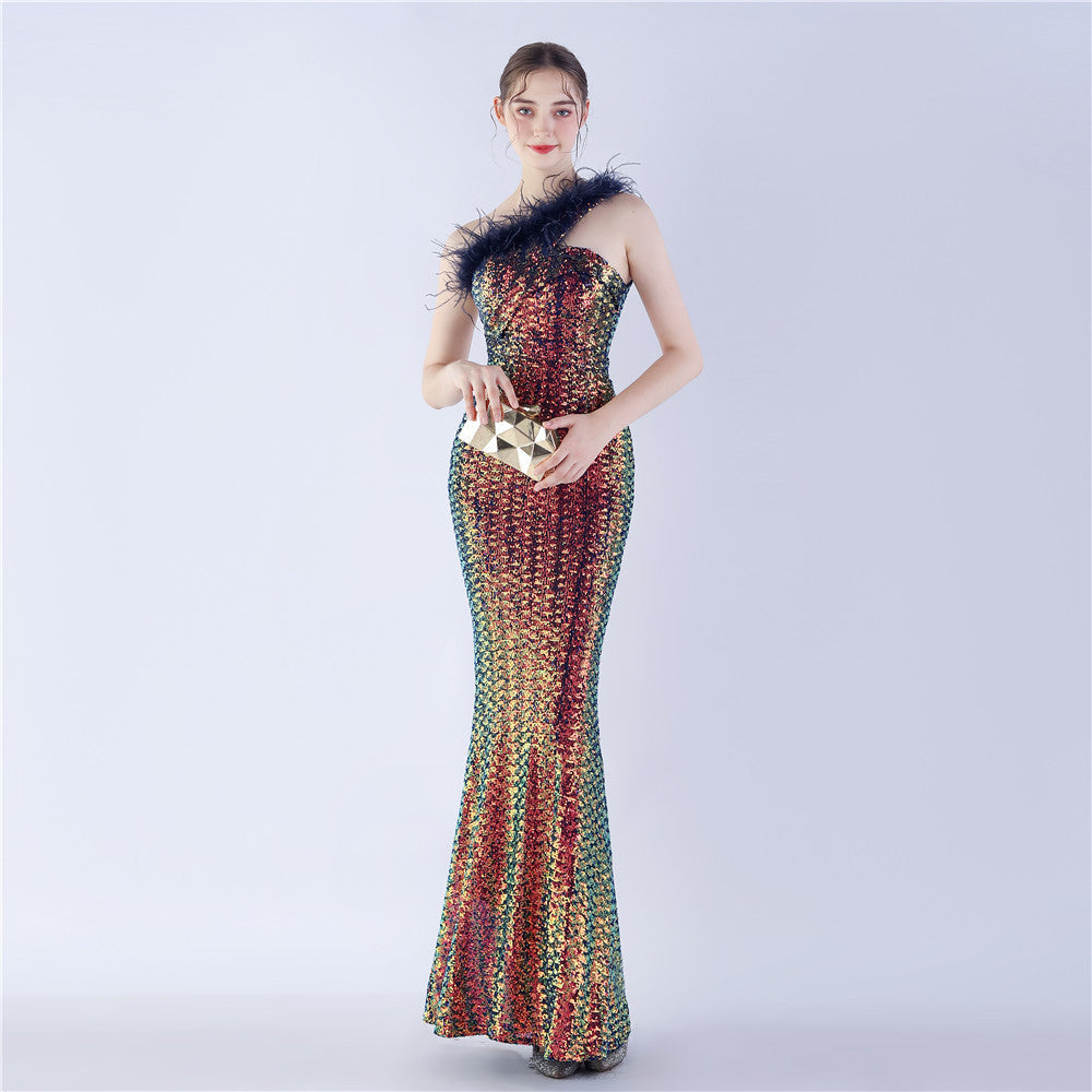 Ostrich Fur One-Shoulder Slant Neck Beaded Maxi Formal Dress