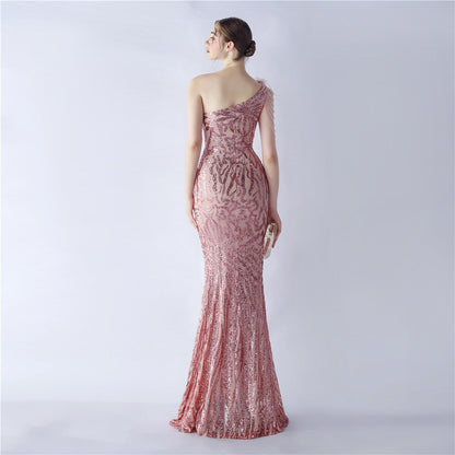Fur Slant Neck One Shoulder Formal Dress