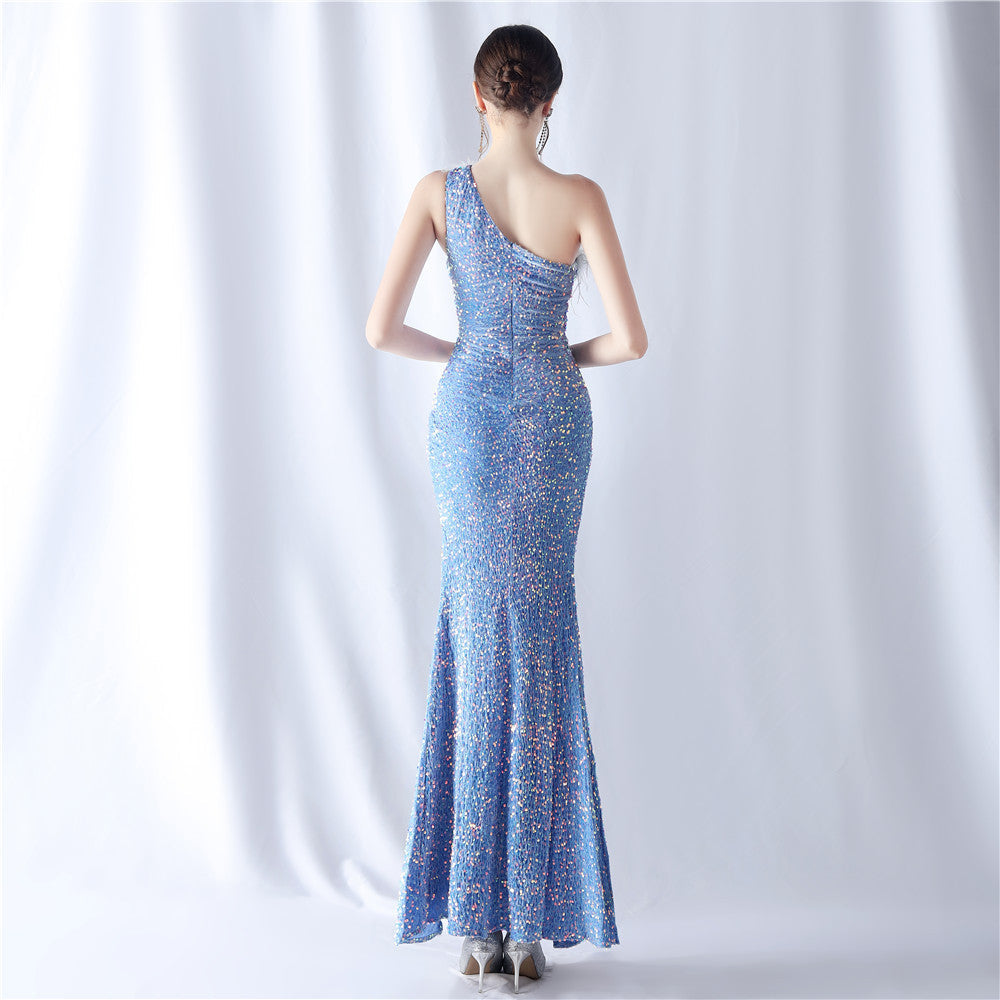 Ostrich Velvet Bottom One Shoulder Formal Dress