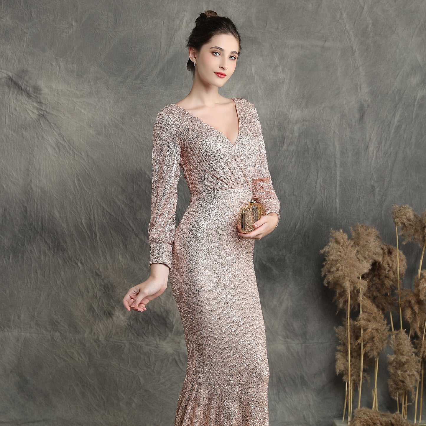 Sleeve Sequin Formal Dress
