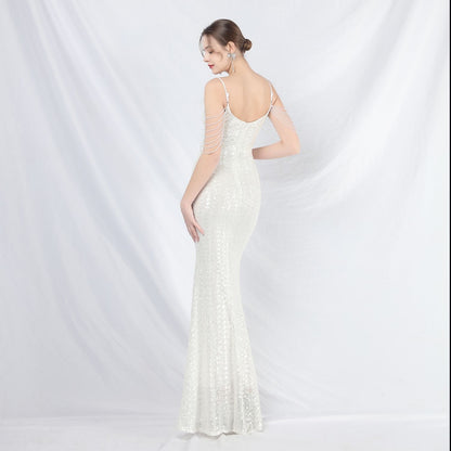 Ostrich Fur Illusion Beaded Formal Dress
