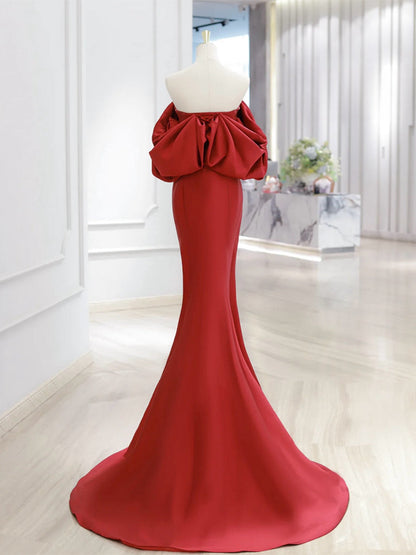 Off Shoulder Satin Dark Red Mermaid Dress
