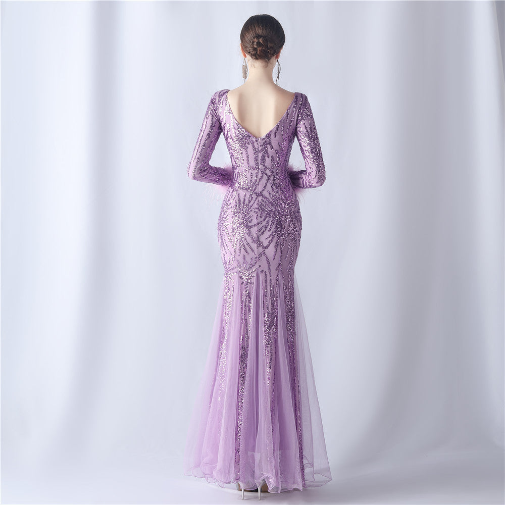 Ostrich Fur Mesh Beaded Formal Dresses