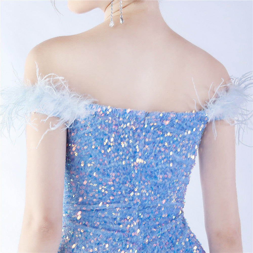 Fur One Shoulder Formal Dress