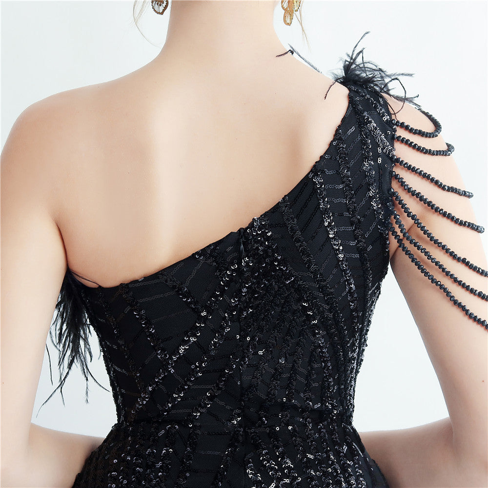 Fur Layered Beaded Formal Dress