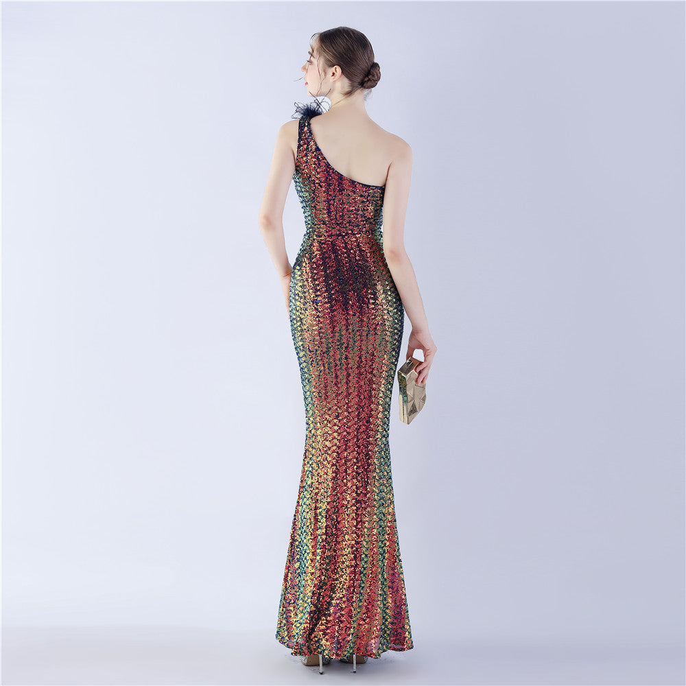 Ostrich Fur One-Shoulder Slant Neck Beaded Maxi Formal Dress