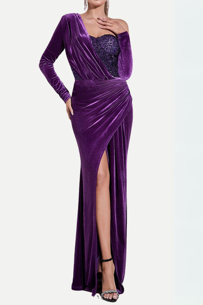 one shoulder sequin-embellished velvet maxi dress in purple