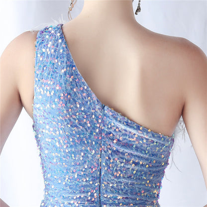 Ostrich Velvet Bottom One Shoulder Formal Dress