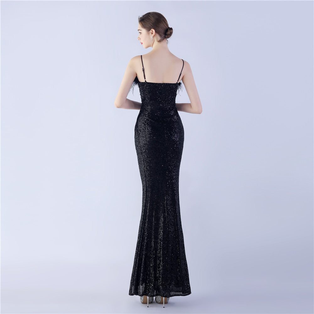 Ostrich Beaded Side Split Formal Dress