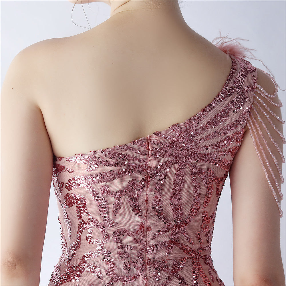 Fur Slant Neck One Shoulder Formal Dress