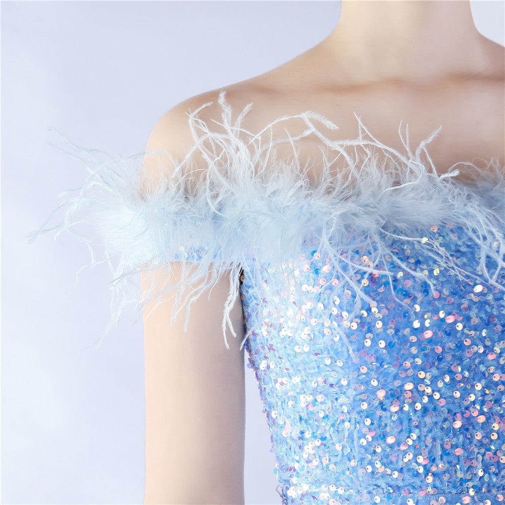 Fur One Shoulder Formal Dress