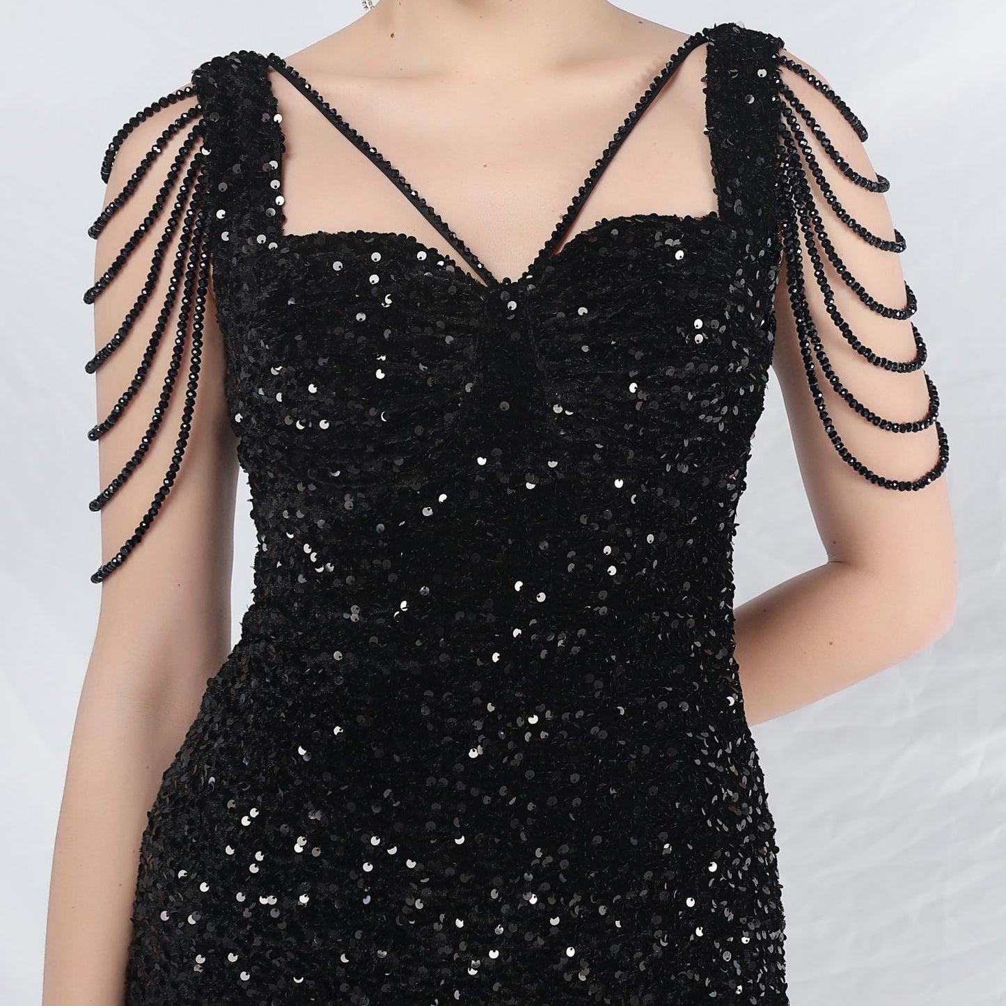 ベルベット裏地ビーズ付きフォーマルドレス