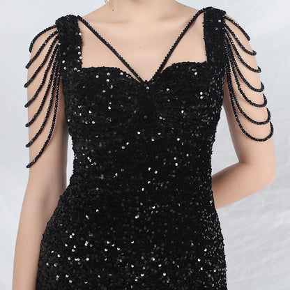 ベルベット裏地ビーズ付きフォーマルドレス