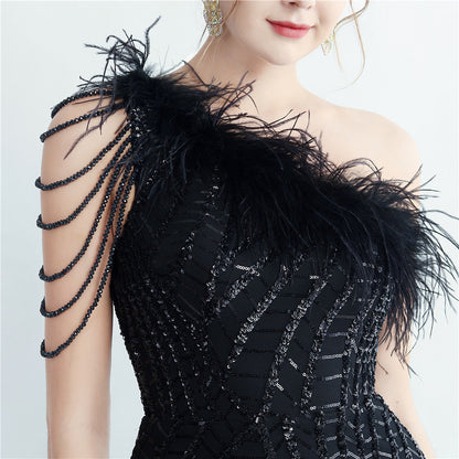 Fur Layered Beaded Formal Dress