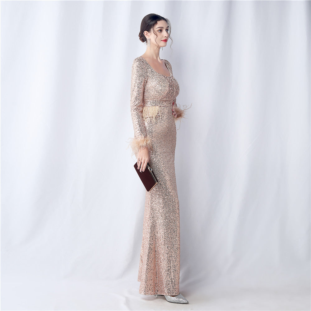 Ostrich Fur Long Sleeve Formal Dress