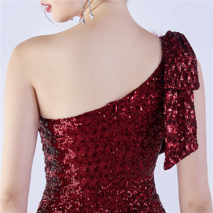 Fur Sequin One Shoulder Formal Dress