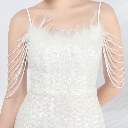 Ostrich Fur Illusion Beaded Formal Dress