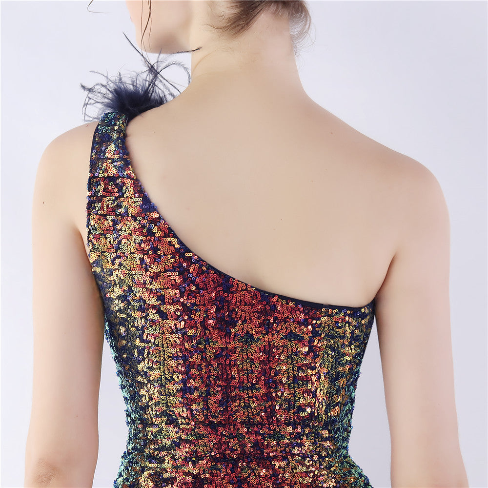 Ostrich Fur One-Shoulder Slant Neck Beaded Maxi Formal Dress