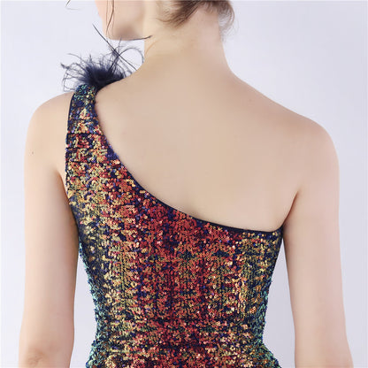 Ostrich Fur One-Shoulder Slant Neck Beaded Maxi Formal Dress