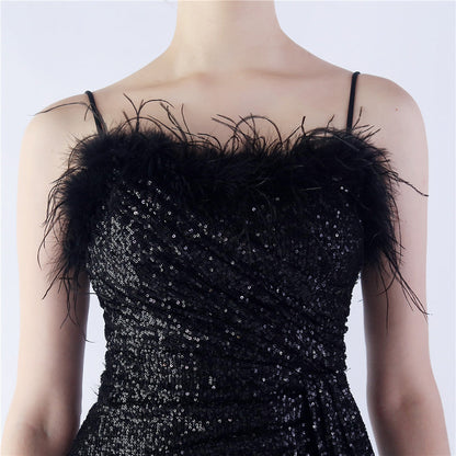 Ostrich Beaded Side Split Formal Dress