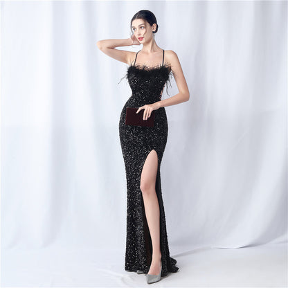 Velvet-backed hand-beaded formal dress