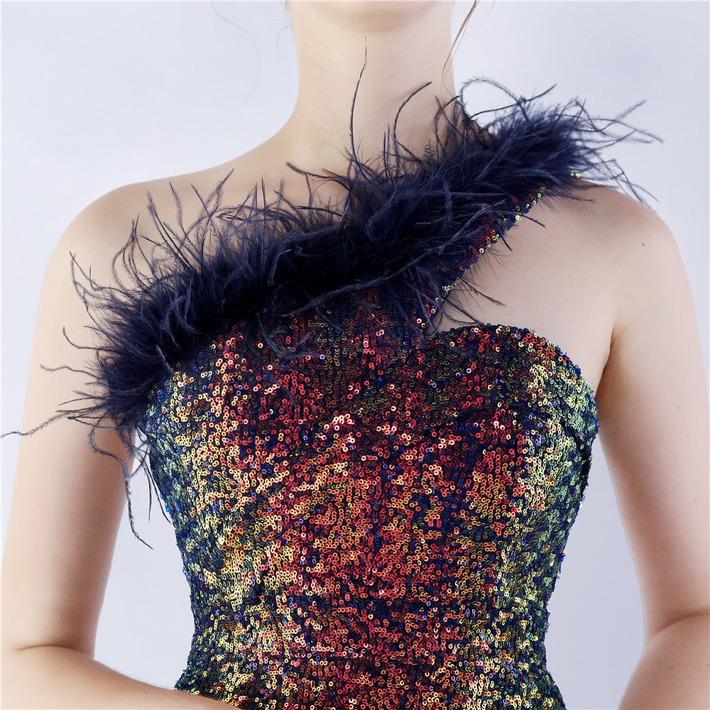 Ostrich Fur One-Shoulder Slant Neck Beaded Maxi Formal Dress