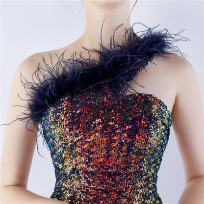 Ostrich Fur One-Shoulder Slant Neck Beaded Maxi Formal Dress