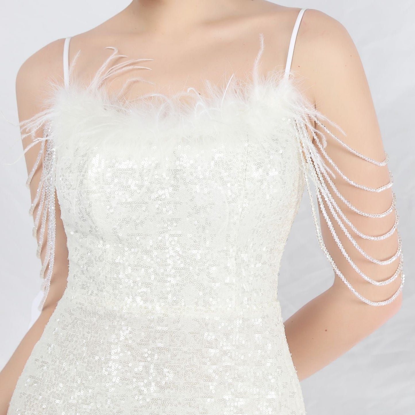 Ostrich Fur Illusion Beaded Formal Dress