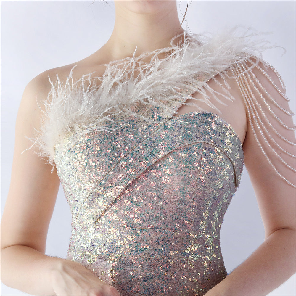 ダチョウの毛皮のイリュージョンビーズのフォーマルドレス