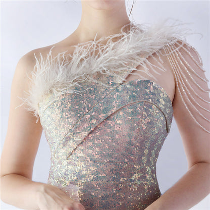 ダチョウの毛皮のイリュージョンビーズのフォーマルドレス