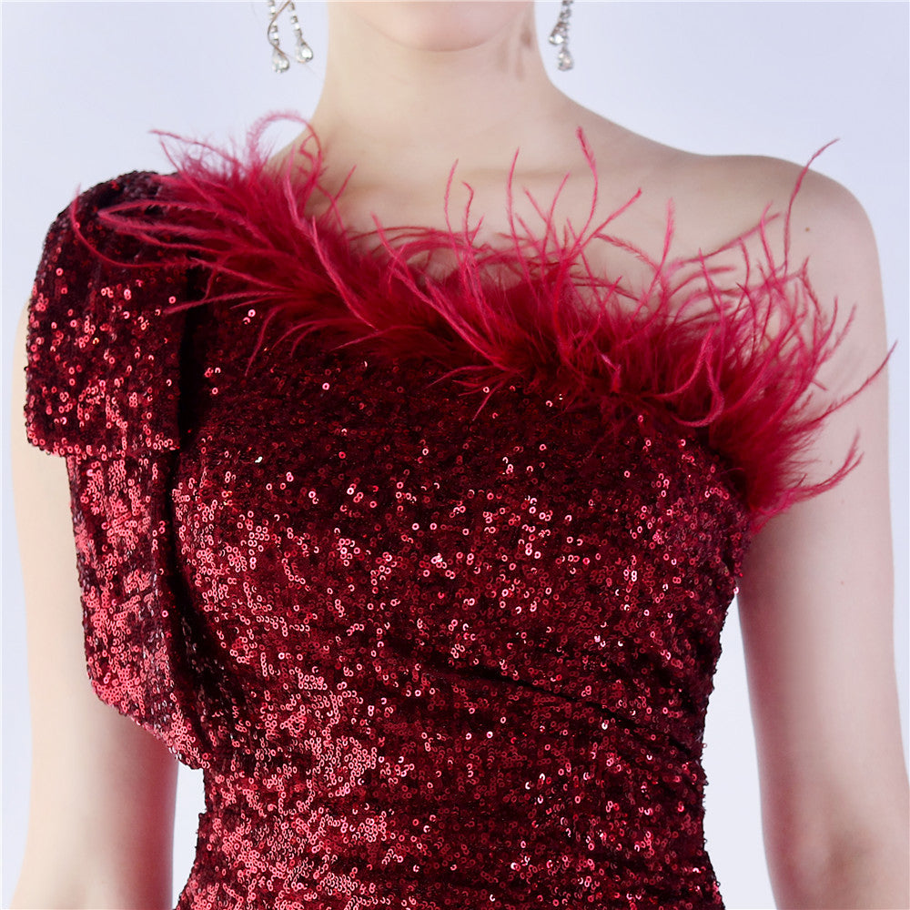 Fur Sequin One Shoulder Formal Dress