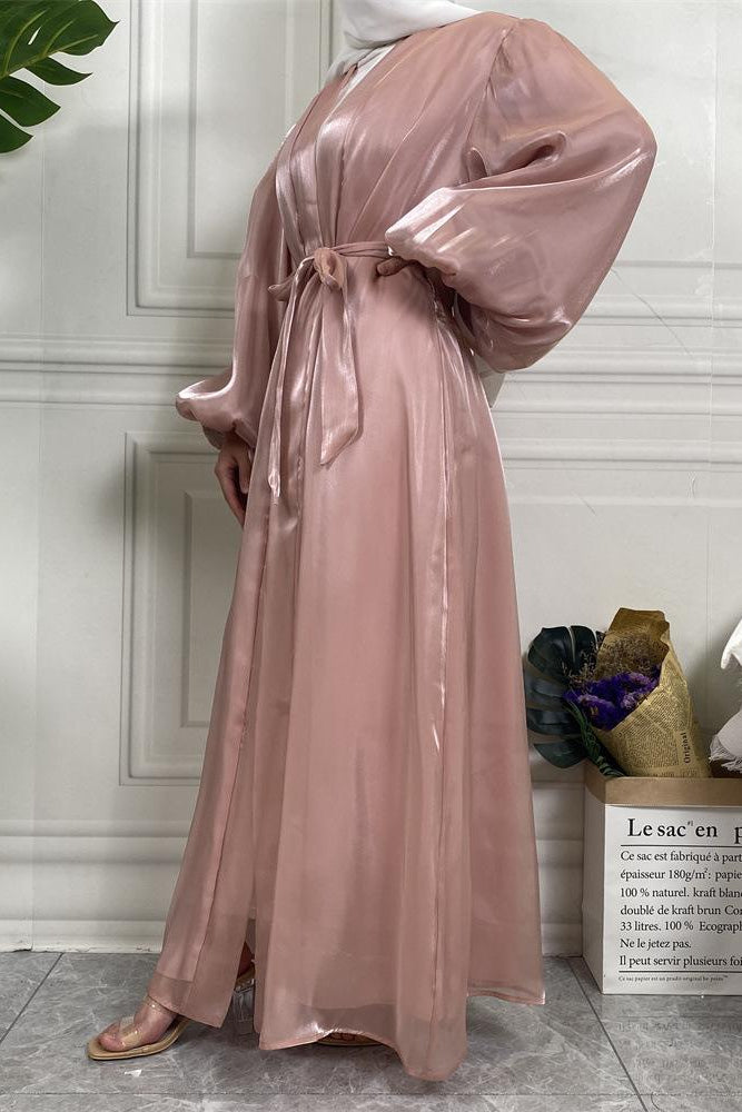 Shiny Silk Balloon Sleeves Lined Cardigan