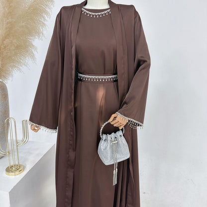 4pcs Set Cardigan+without  Sleeves Inner Dress+Crystal Chain+Hijab