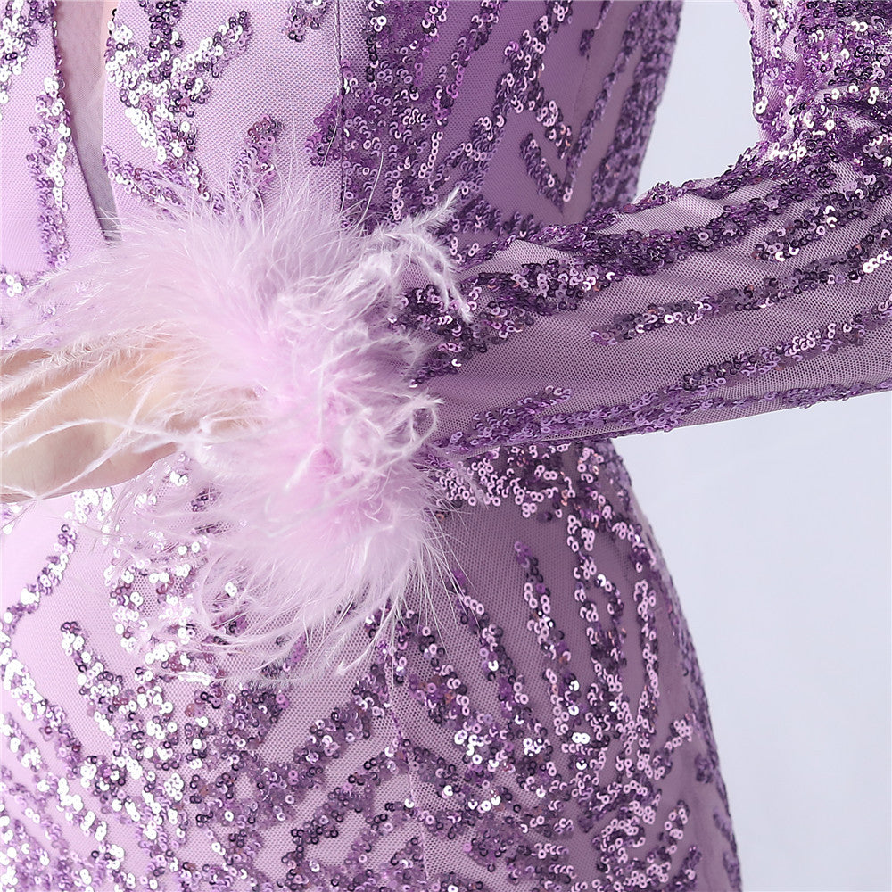 Ostrich Fur Mesh Beaded Formal Dresses