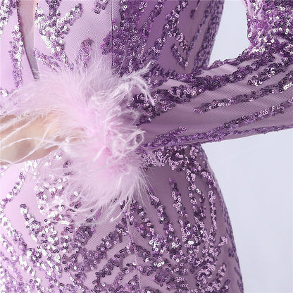 Ostrich Fur Mesh Beaded Formal Dresses