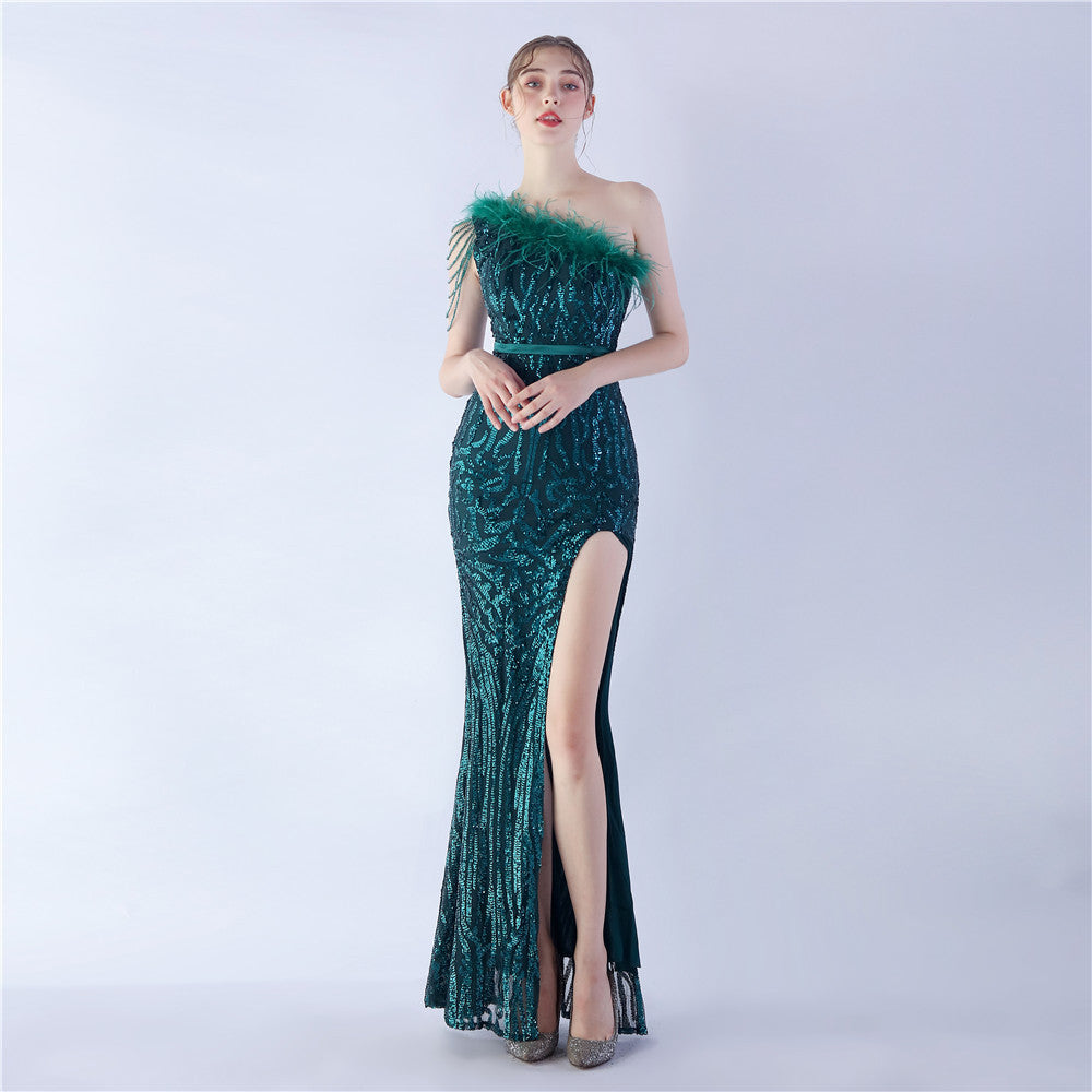 Fur Slant Neck One Shoulder Formal Dress