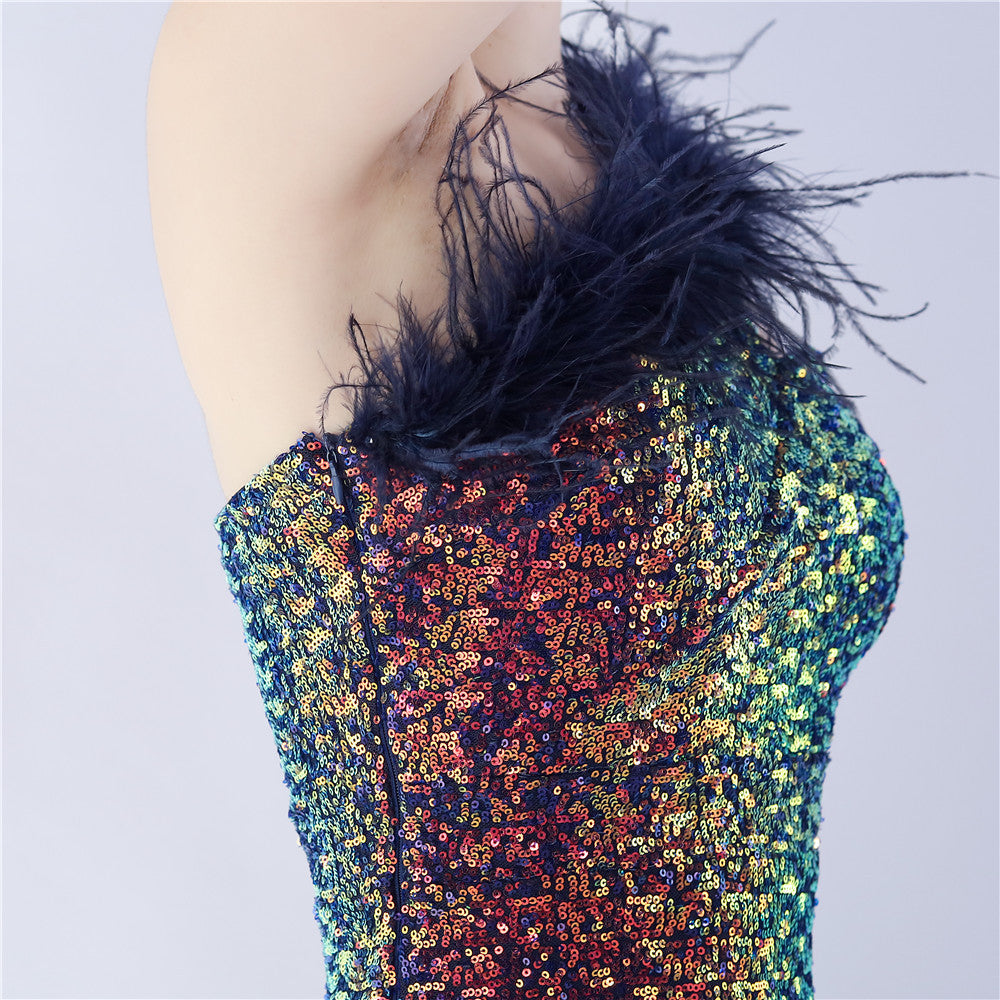 Ostrich Fur One-Shoulder Slant Neck Beaded Maxi Formal Dress